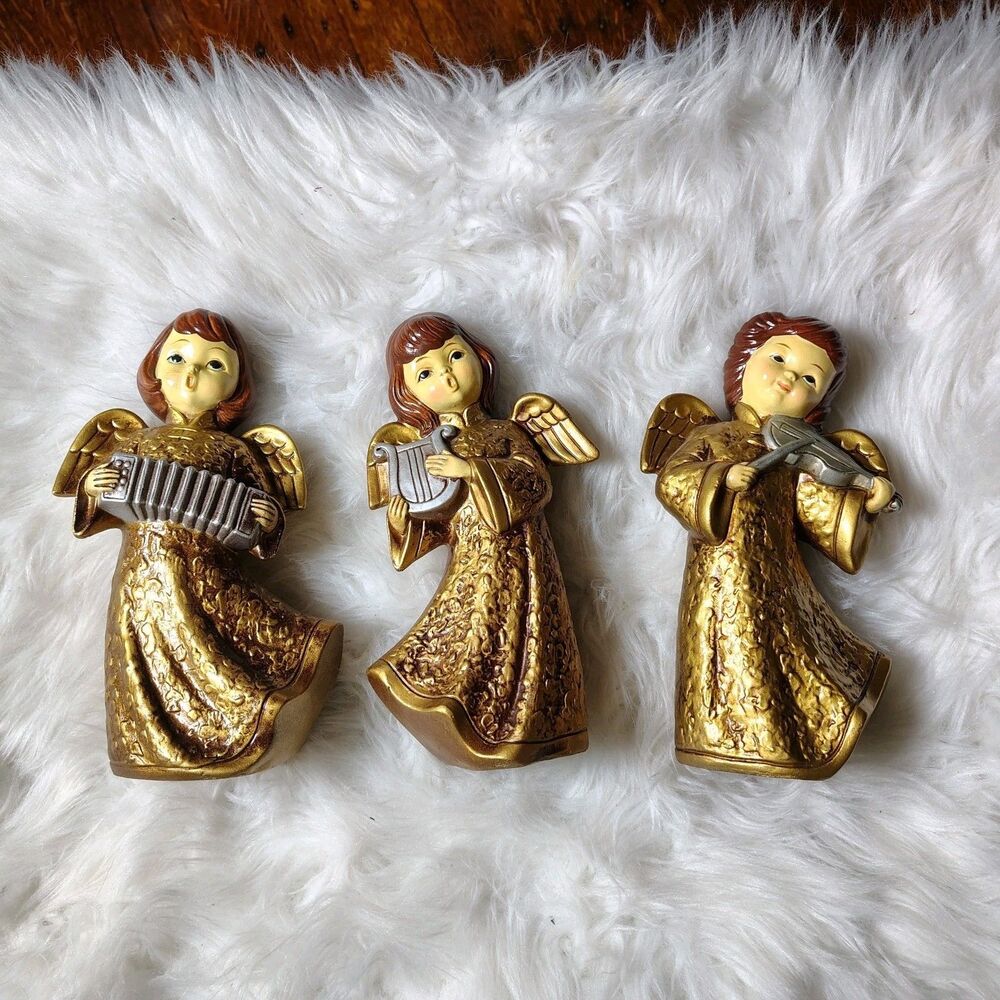 Vintage Set of 3 Gold Musical Angel Christmas Figures Made in Korea Paper Mache